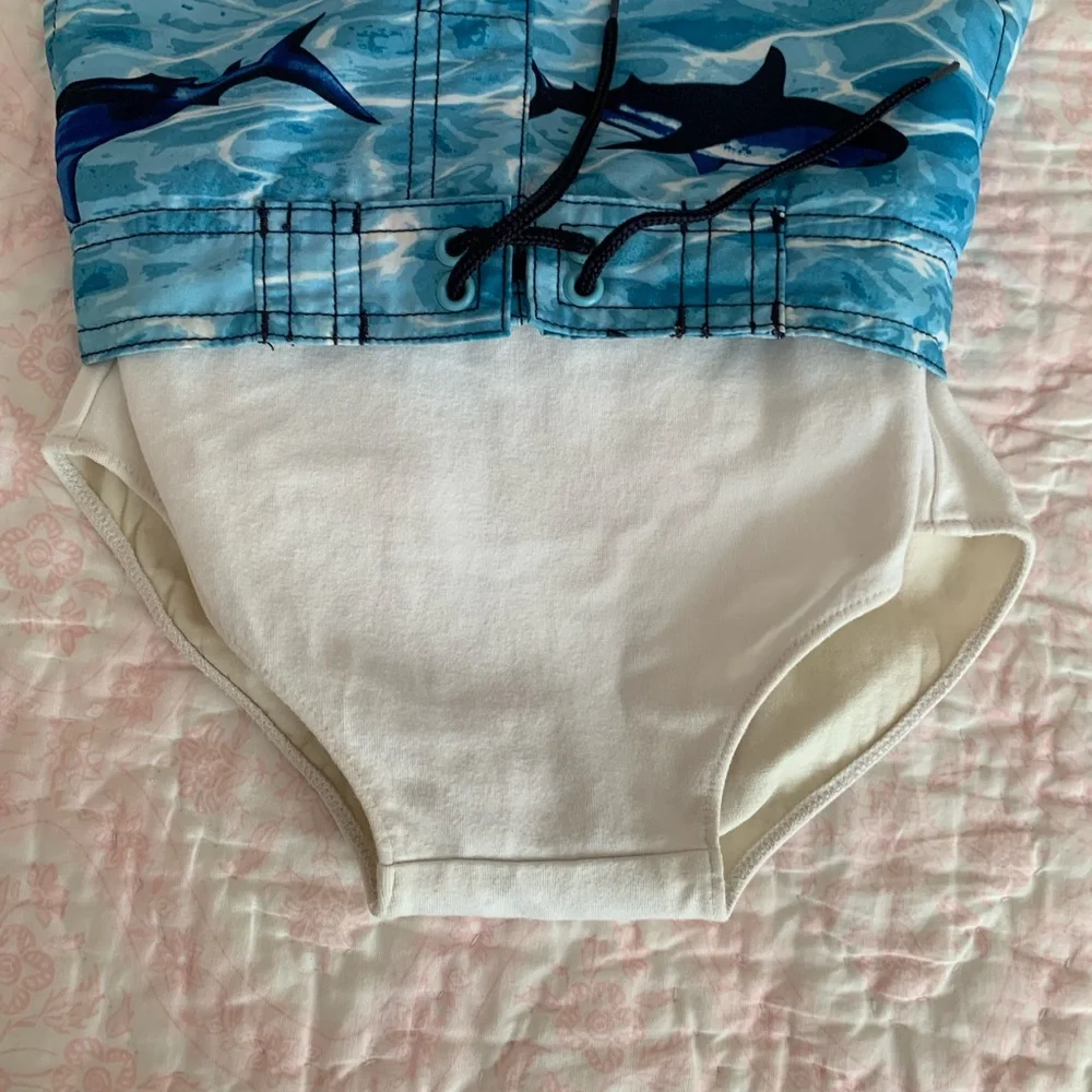 Gymboree 3 PC Swimsuit Set Baby Boys Size 18-24M Blue Trunks Shirt Hat Shark